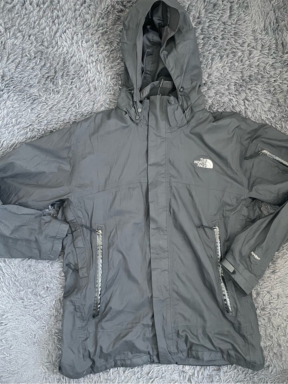 Men Size Large The North Face HyVent Jacket Black Full Zip Hooded Windbreaker